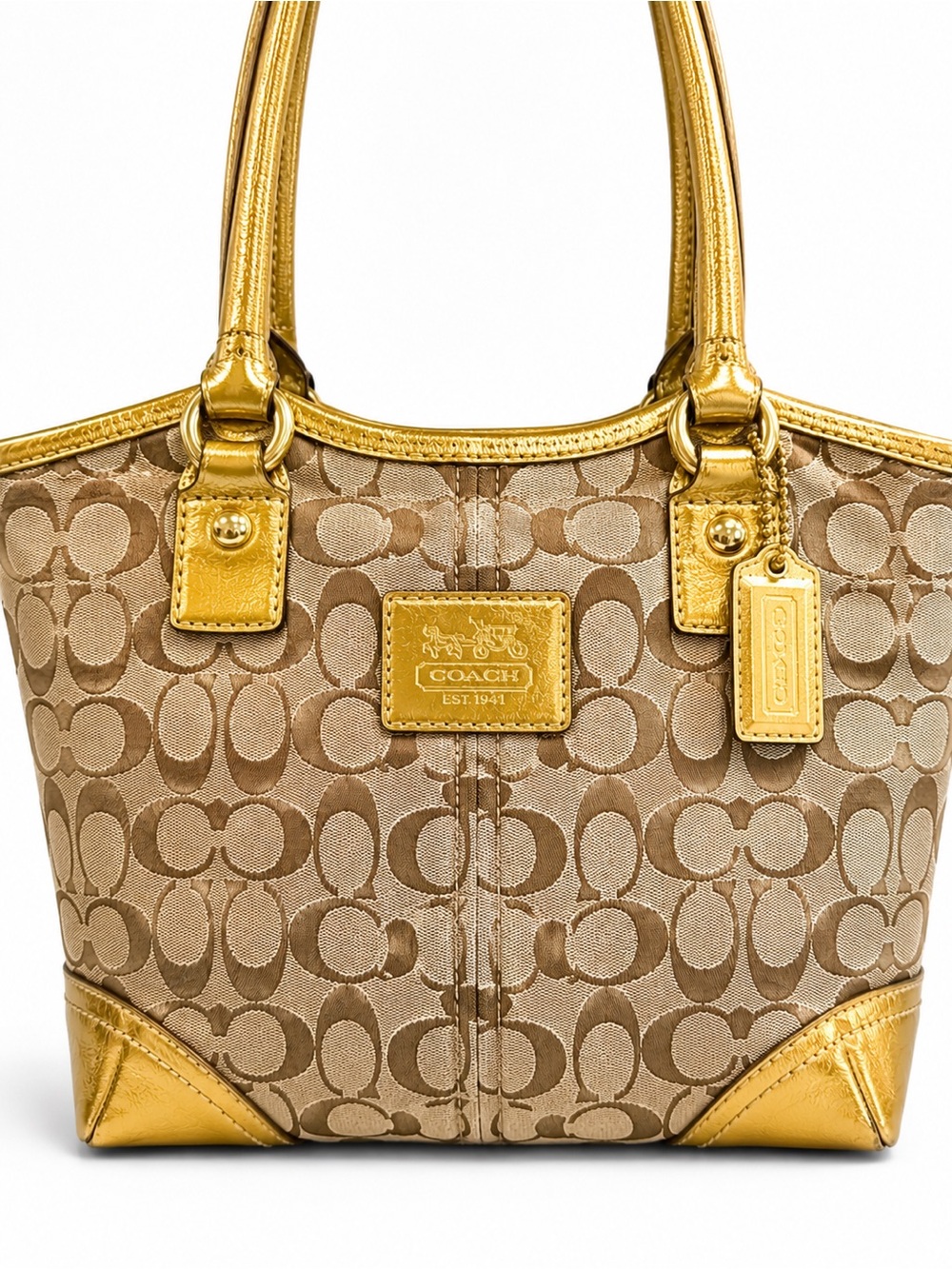 Coach Soho Signature Tote F12564 Gold Leather Trim Canvas Bag